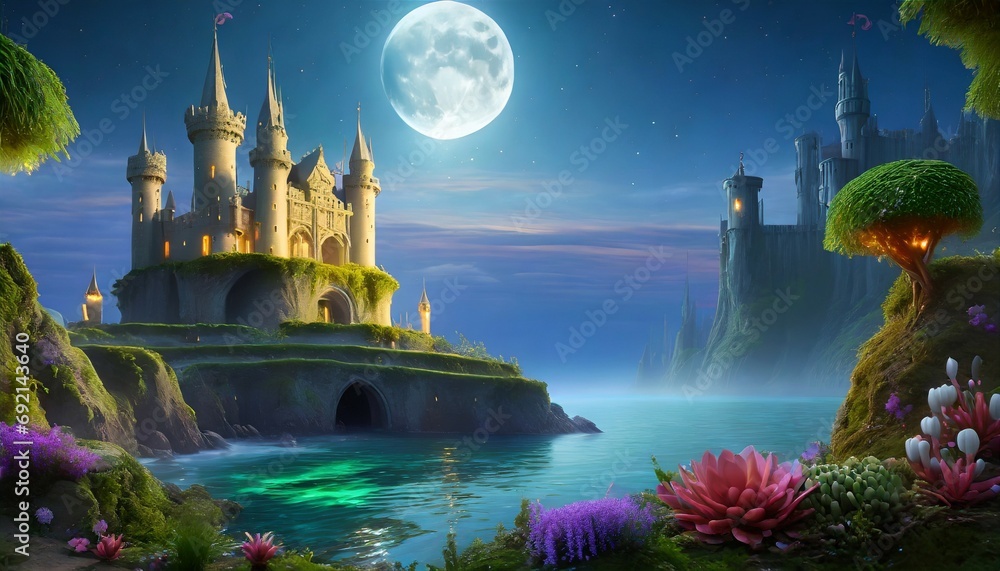 fantasy landscape with fantasy castle and moon 3d illustration a thriving hidden oceanic civilization with enchanting architecture bioluminescent plants and mysterious inhabitants ai generated - obrazy, fototapety, plakaty 