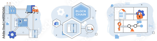 Blockchain industry vector illustration. In digital realm, blockchains network connects industries through cryptographic threads The internet things IoT and blockchain dance in ballet decentralized