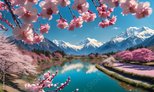 A Landscape of Sakura over a winding river under the big snow mountain