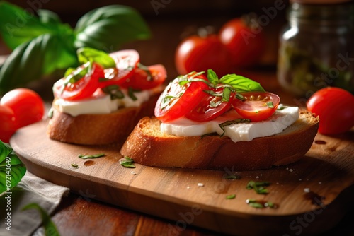 Illustration of tasty bruschetta with tomatoes and basil. Generative AI