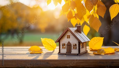 miniature wooden house with yellow leaves on a sunny autumn day real estate and affordable housing concept mortgage loan and insurance of apartments selling and buying home sunset photo