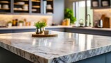marble stone table top kitchen island on blur kitchen interior background