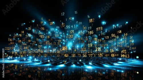 Digital Data Stream in Cyberspace with Glowing Numbers and Light Beams in Dark Background