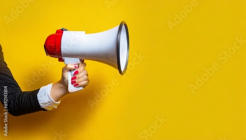 megaphone in hand on a yellow background panoramic image attention concept announcement photo