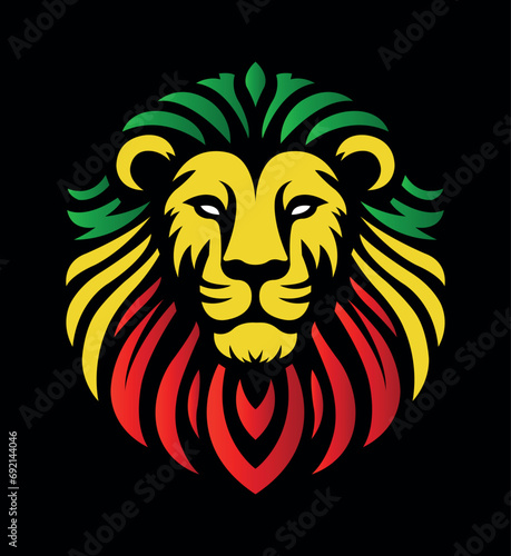 Jamaican reggae rasta lion head front view with rastafarian colors on dark background. Lion of Judah face eps vector art image illustration.