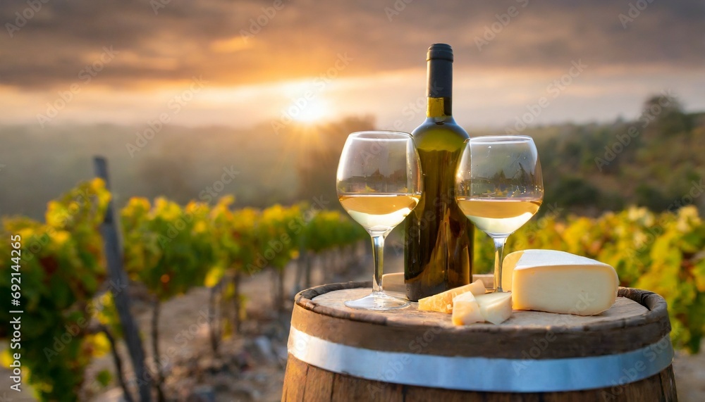 barrel wineglasses cheese and bottle in vineyard at sunset high quality photo