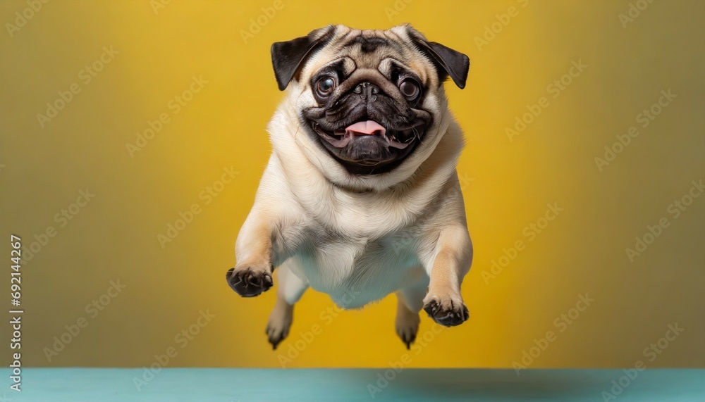 happy pug dog jumping on yellow background banner concept for pet shop e commerce pet veterinary clinics generative ai