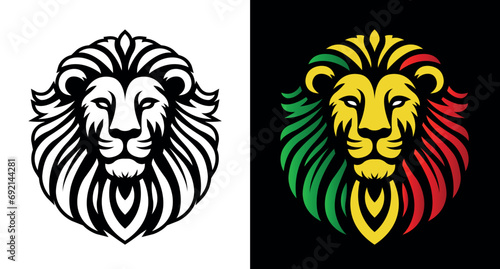 Lion of Judah face eps 10 vector art image illustration. Rasta Jamaican lion head front view with rastafarian reggae colors on white and dark background.