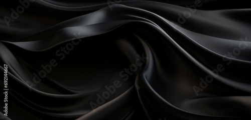Elegant wave-patterned black satin silk background.