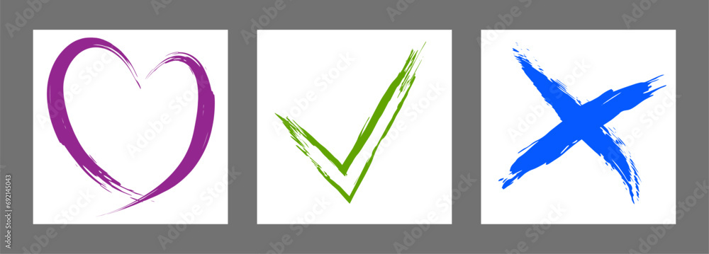 The cross, heart and OK symbol are hand-drawn with a brush. Prohibition, denial, error. Love. Approval, consent. Vector, set of 3 characters The cross, heart and OK symbol are hand-drawn with a brush. Prohibition, denial, error. Love. Approval, consent. Vector, set of 3 characters