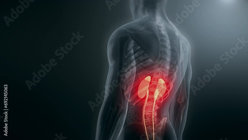 Human male body rotating with kidneys highlighted in red. Kidney and urinary disease. Pain. photo