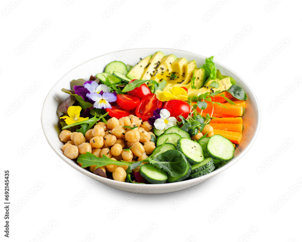 Vegan Buddha Bowl with Chickpeas, Avocado and Fresh Vegetables, Healthy Eating, Vegetarian Meal