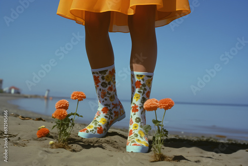 Summer ocean beach with slender legs and cute colorful girly flower printed motif plastic boots, holiday fun without the hassle of sea sand on her feet.