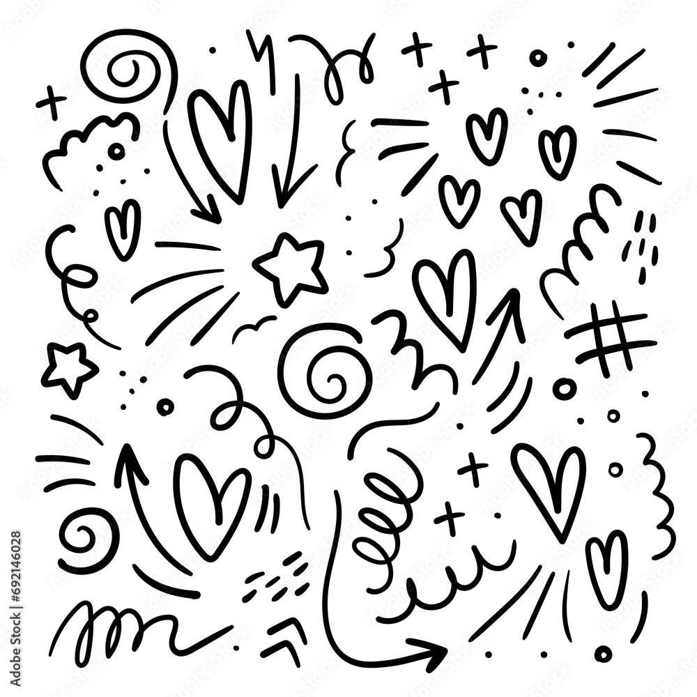 Naklejka premium Abstract set of elements from squiggles, hearts, arrows in doodle style, hand drawn