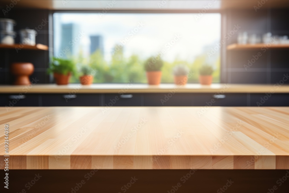 Empty Wooden Tabletop in Clean, Bright Kitchen Interior - Ideal for Product Placement