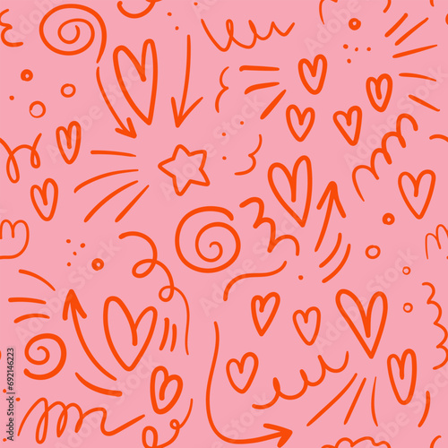Seamless pattern of hearts and squiggles for Valentine's Day, hand drawn