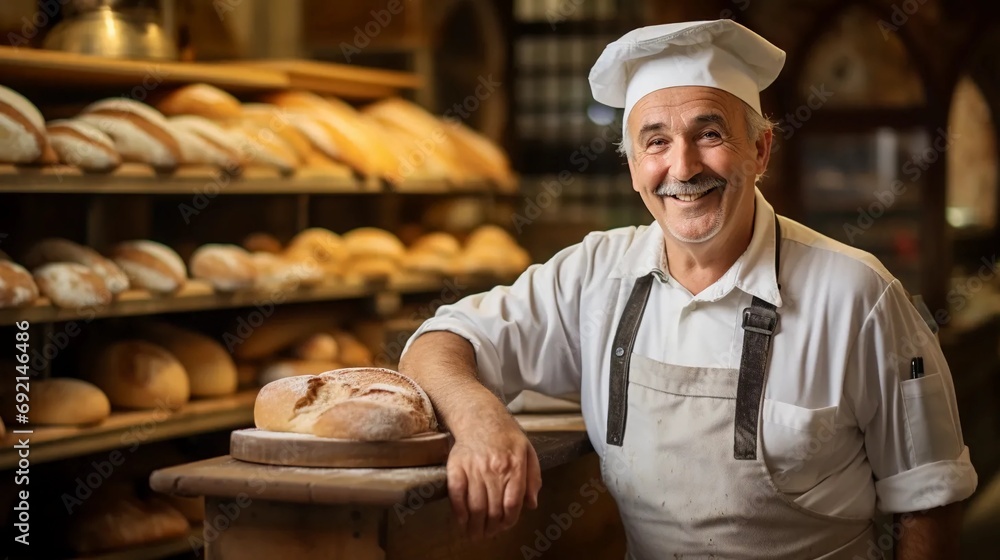 Smiling baker standing in bakery, running family business