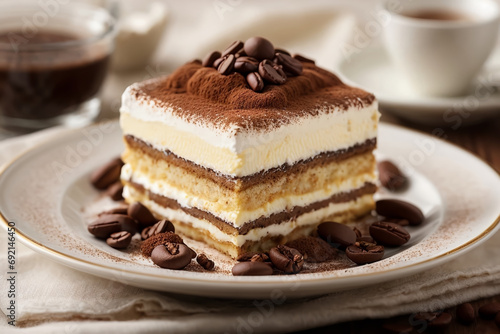 A delectable tiramisu dessert on a delicate porcelain plate generated with AI