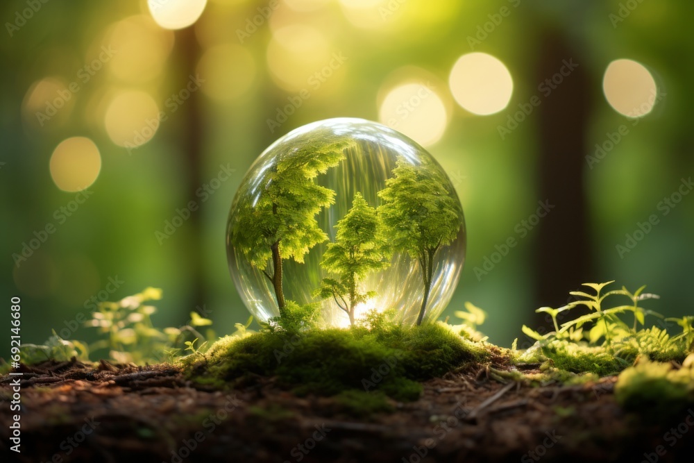 Celebrate Earth Day. Serene Green Globe amidst Mossy Forest with Beautifully Defocused Sunlight Celebrate Earth Day. Serene Green Globe amidst Mossy Forest with Beautifully Defocused Sunlight