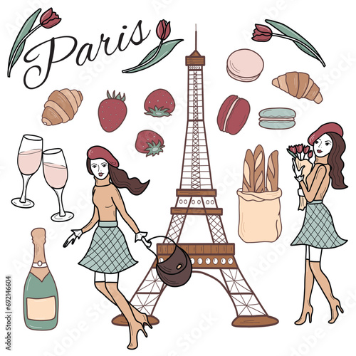 Hand drawn icon set with Paris symbols. Paris vintage style flat vector illustration in cartoon stile.