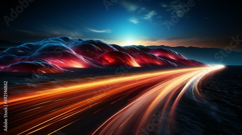 Surreal Landscape with Luminous Trails and Majestic Mountains under a Starlit Sky