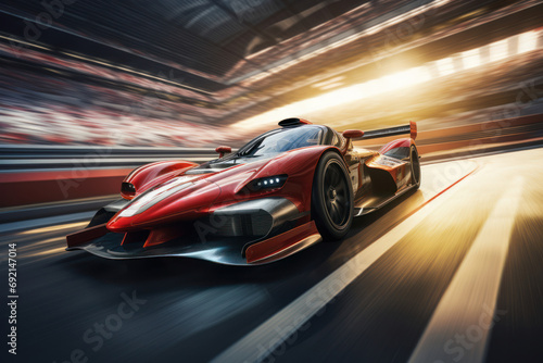 A high-speed race car zooming around the track, symbolizing the excitement and precision of motorsports. Generative Ai. © Sebastian