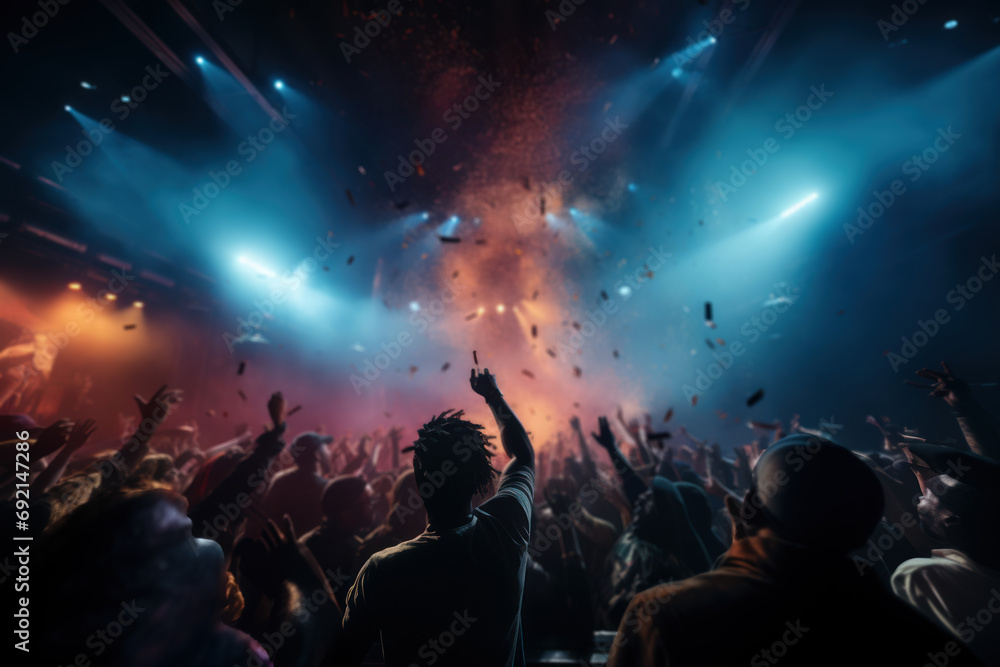 A high-energy music concert with performers and fans immersed in the excitement of live music. Generative Ai.
