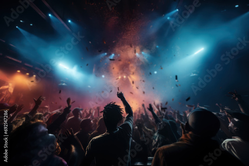 A high-energy music concert with performers and fans immersed in the excitement of live music. Generative Ai.