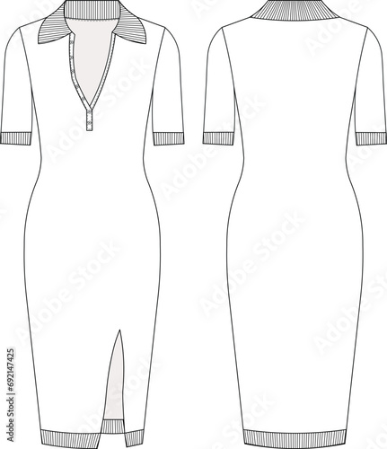 short sleeve with slits ribbed buttoned midi pencil polo dress template technical draawing flat sketch cad mockup fashion woman design model