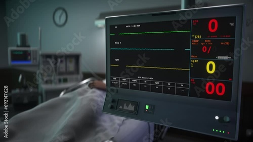 Monitoring technology examines the patients heartbeat. Heartbeat monitoring system does not detect any pulse from a patient. Monitoring system detects the slowing down of the heartbeat. Flatline. photo