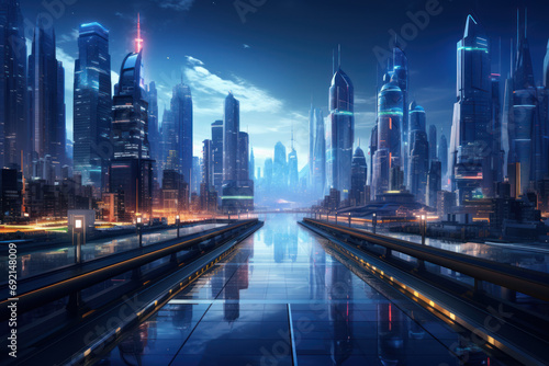 A futuristic cityscape template with neon lights  offering a visually striking background for urban concepts. Generative Ai.