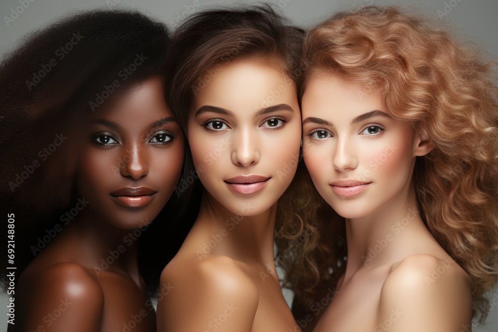 Three happy diverse women in beautiful dresses hugging and smiling at the camera Three happy diverse women in beautiful dresses hugging and smiling at the camera