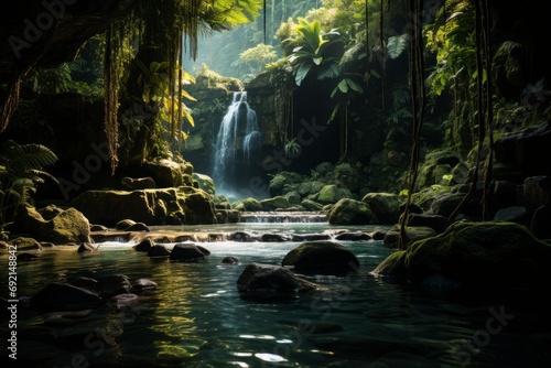 waterfall in a tropical forest  filled with vibrant green colors and aquatic freshness  Concept  reflecting the beauty of untouched nature. Eco-tourism