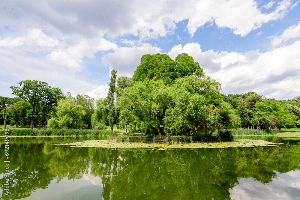 Vivid landscape in Nicolae Romaescu park from Craiova in Dolj county, Romania, with lake, waterlillies and large green tres in a beautiful sunny spring day with blue sky and white clouds