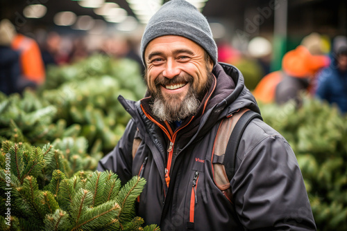 Happy man choosing christmas tree at festive christmas market
