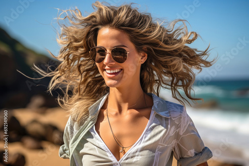 Portrait of a laughing girl on the seashore