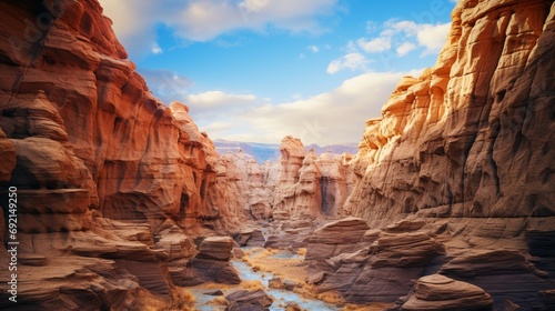 A breathtaking view of a canyon with layers of colorful rock formations stretching into the distance
