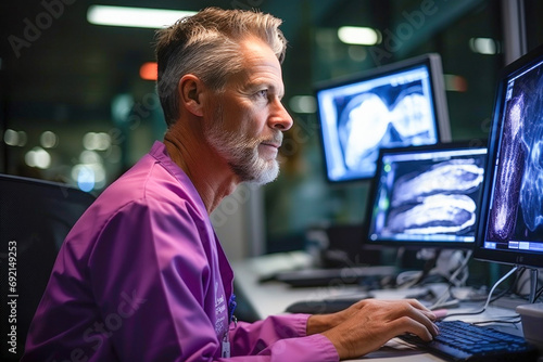 Doctor in purple uniform looking at patient picture on monitor