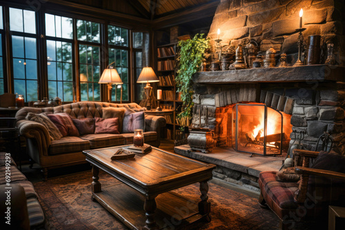 The space of a cozy room with a sofa and an armchair in front of the fireplace