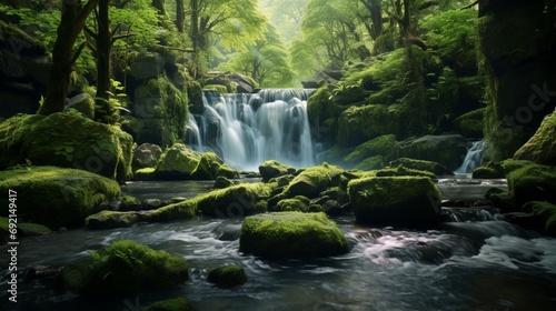 A cascading waterfall surrounded by lush greenery in a hidden valley of the wilderness