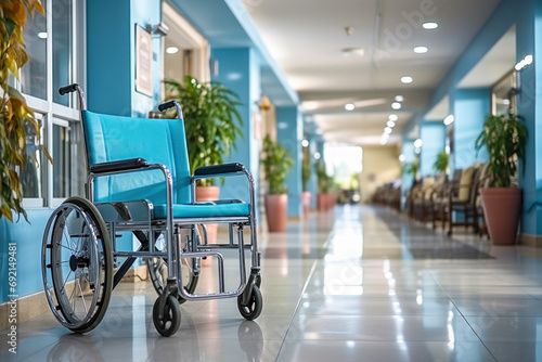 Wheelchair in the hallway, comfort and patient care