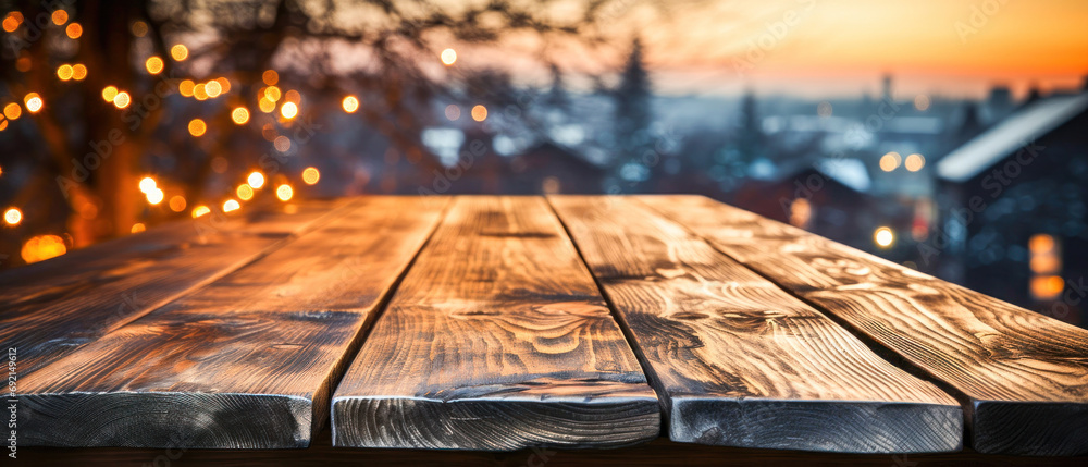 Wooden table surface on holiday lights background Wooden table surface on holiday lights background