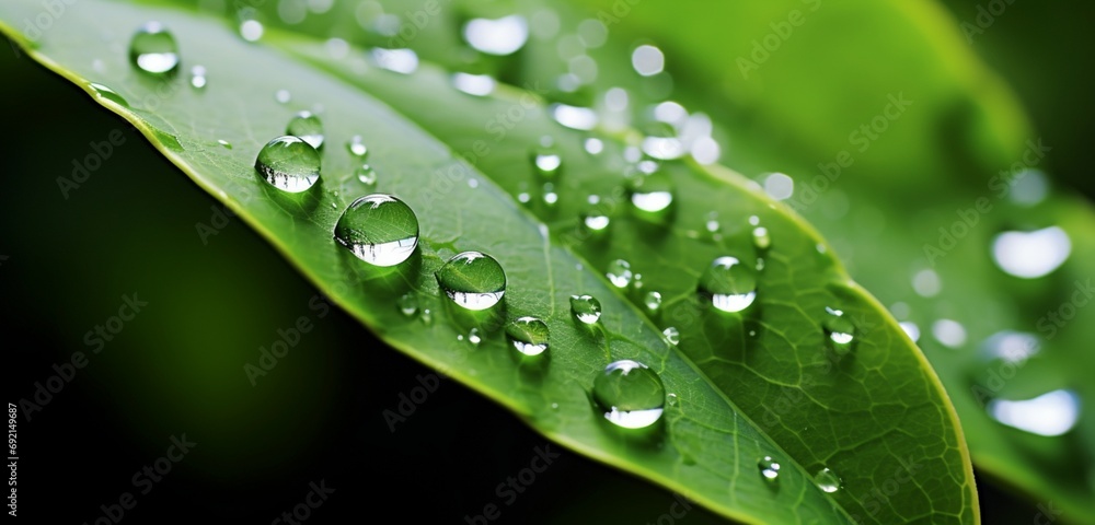 Extreme close-up of crystal-clear water droplets on a leaf, cool aqua and mossy greens,x Extreme close-up of crystal-clear water droplets on a leaf, cool aqua and mossy greens,x