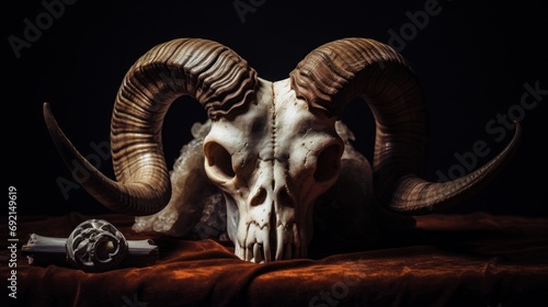  a ram skull sitting on top of a bed next to a knife and a knife rest on top of it. photo