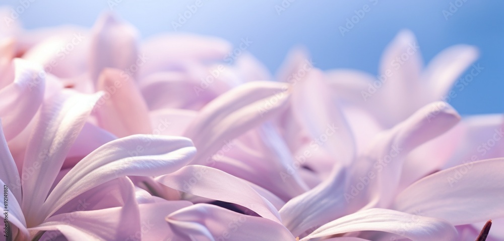 Extreme close-up of delicate flower petals, pale lilac lavenders and subtle sky blues, 
