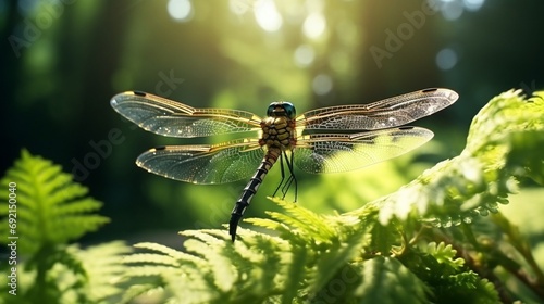 A close-up of a dragonfly perched on a delicate fern leaf in a lush, sun-dappled forest © MuhammadUmar