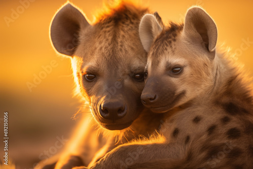 Photograph of a Backlit Mother Hyena with Cub © Tigarto