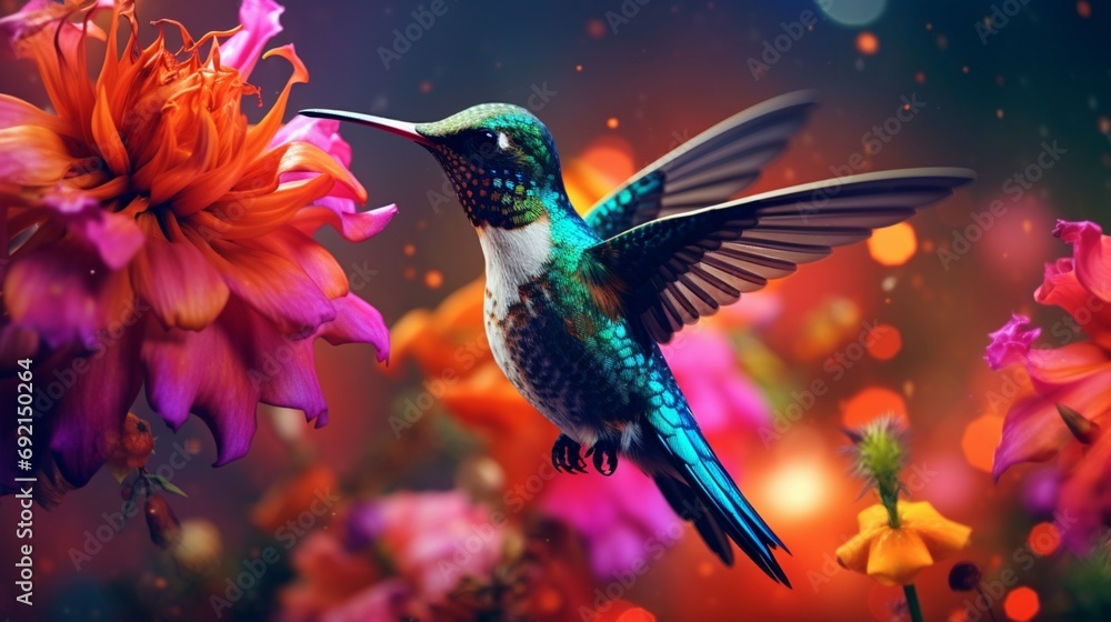 Obraz premium A close-up of a hummingbird feeding on nectar from a cluster of brightly colored flowers