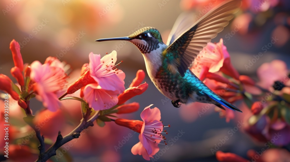 Fototapeta premium A close-up of a hummingbird sipping nectar from a brightly colored blossom