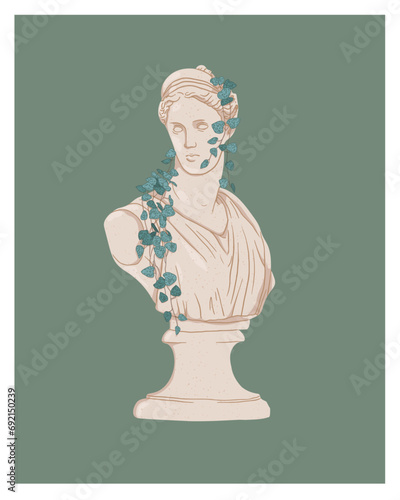 Ancient Greek goddess statue on color background. Artemis, Aphrodite, and Hera. Classical sculpture busts with plants. Vintage planter pot, hanging houseplant. Pothos, inch plant, string of hearts
